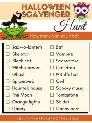 free printable spooky Halloween scavenger hunt for older kids, teens, adults outside or in the classroom