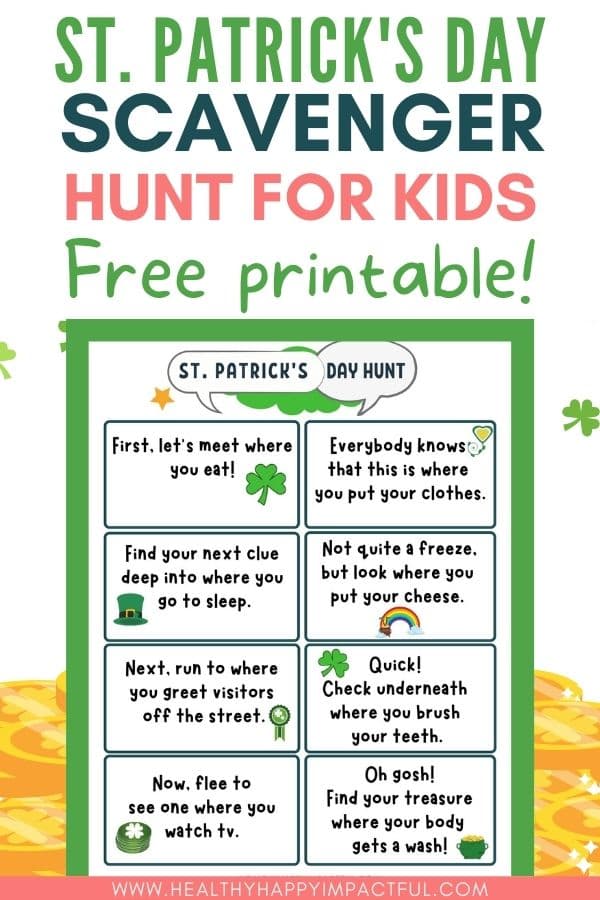 St. Patrick's Day scavenger hunt riddles for kids pin