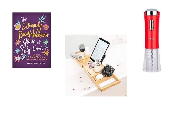 best gifts for the busy mom who has everything: book, electric wine opener, bath tray