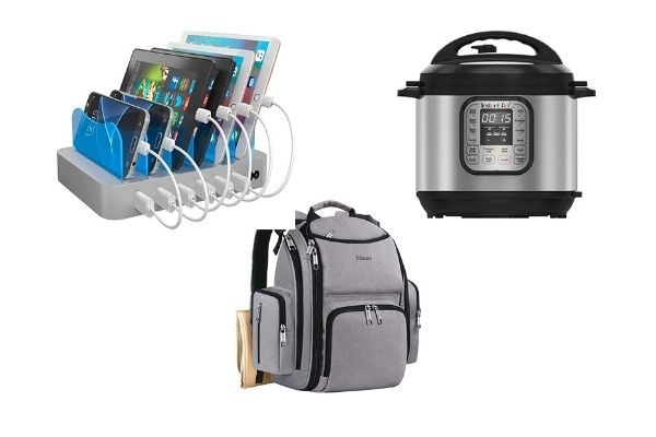 practical gifts for busy moms, cup, backpack, charging station, glasses, wallet holder