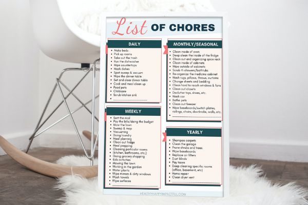 master list of household chores for adults and kids by age