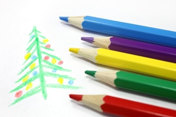 Christmas tree pictionary with colored pencils