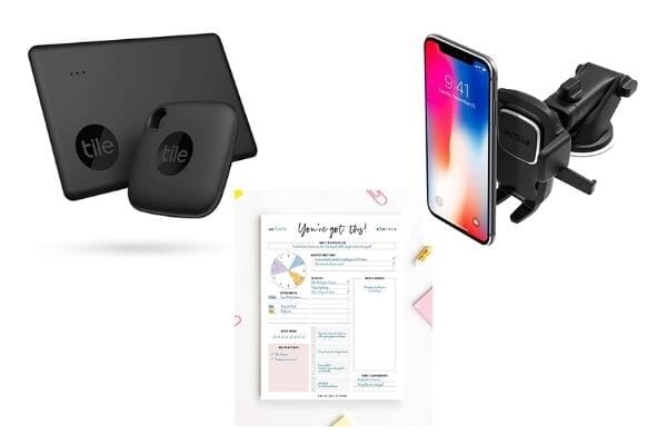 top useful gift ideas for moms that are busy 2023: planner, shoes, phone holder, Tile finder, knife