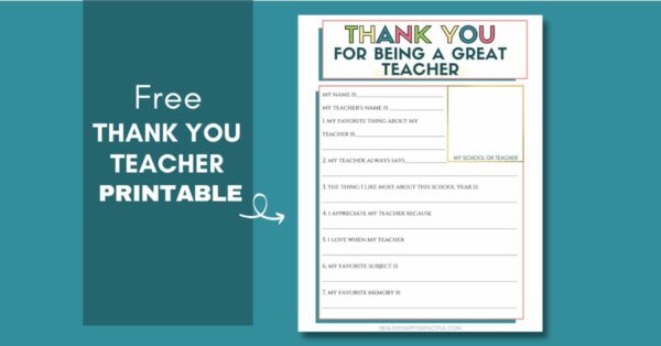 Thank You for Being a Great Teacher Appreciation Printable