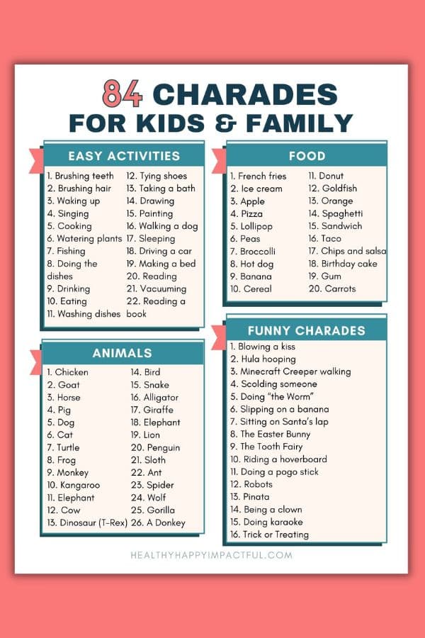easy and hard charades list for kids game