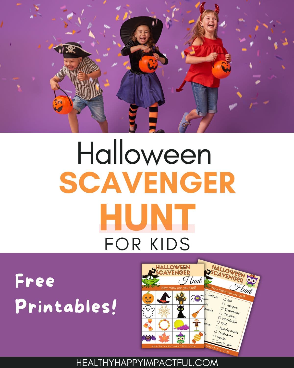 easy Halloween scavenger hunt printable tasks and items at home or in the neighborhood for kids and for adults pin
