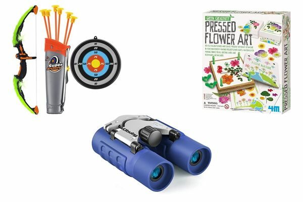 bow and arrows, flower press, binoculars: kids outdoor gifts 6-8 year olds