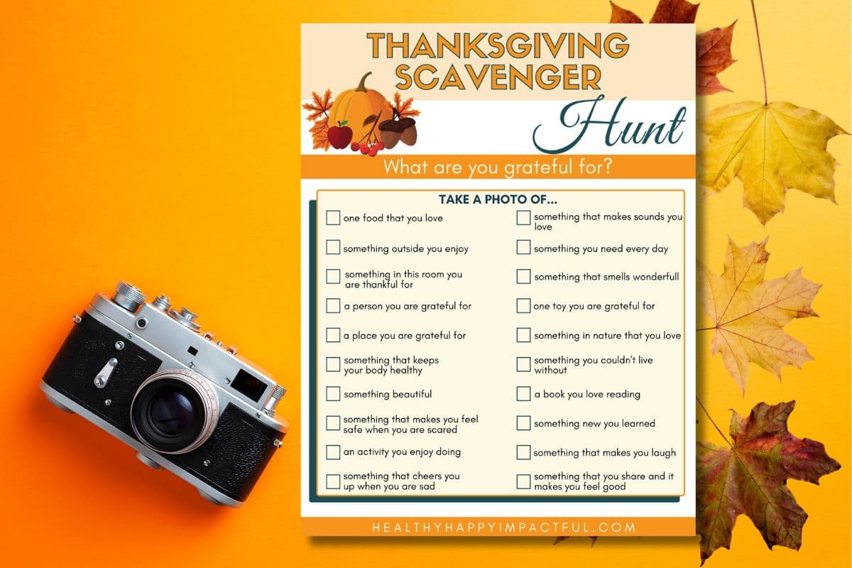 Thanksgiving scavenger hunt for kids to develop gratitude - free printable