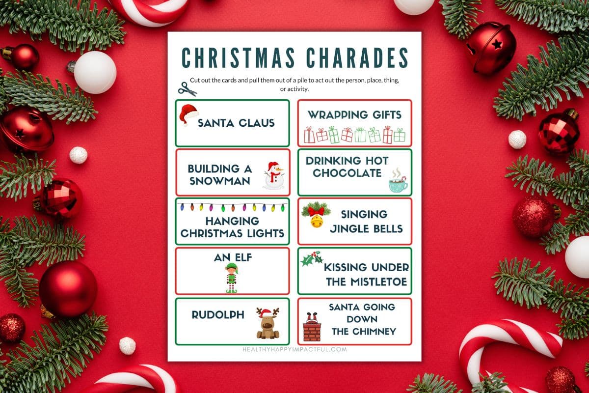 Christmas charades game free printable list of ideas for kids and adults