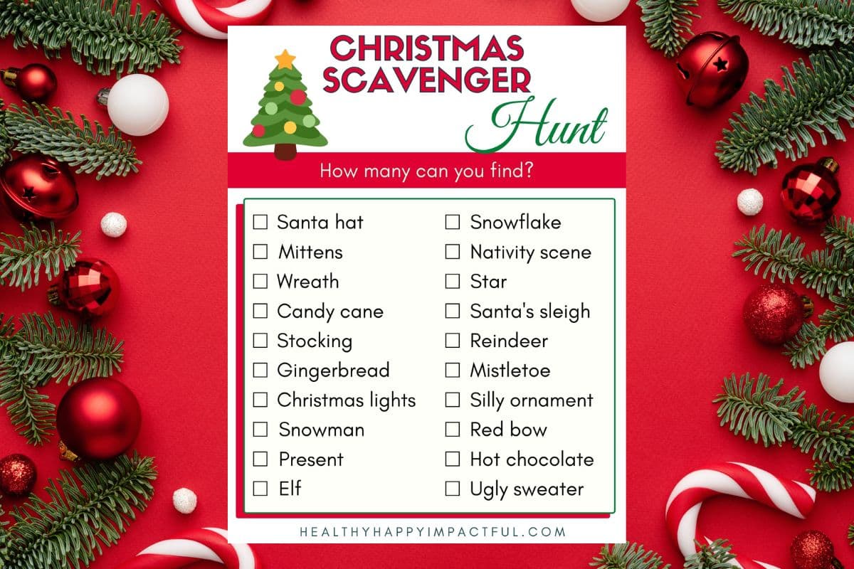 free Christmas scavenger hunt printable pdf; game; list; kids; indoor