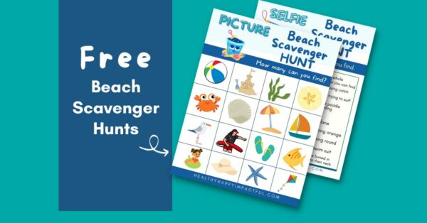 featured image; summer beach scavenger hunt ideas and free printables