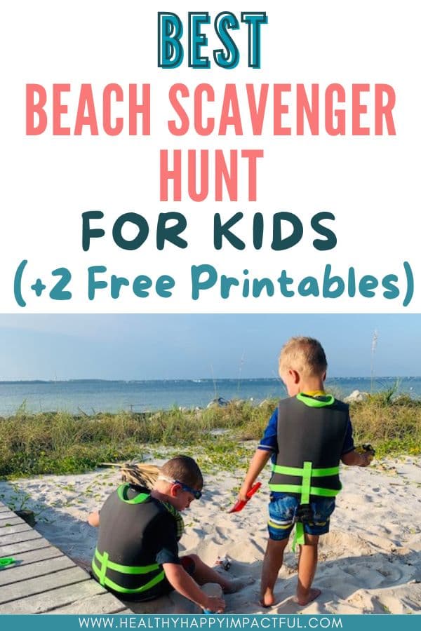 title pin: beach treasure hunt and scavenger hunt for kids printable