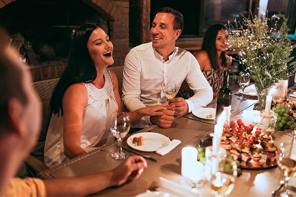 couple at dinner party; Mr and Mrs hen party questions; funny; him or her