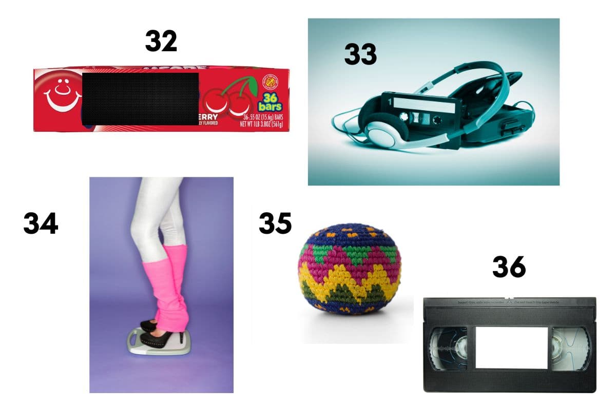 walkman, leg warmers, hacky sack, vhs tape, airheads; 80s pop culture trivia questions
