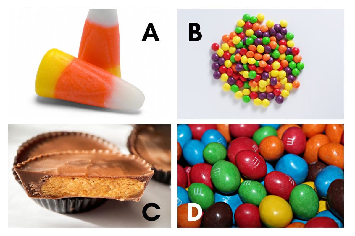picture of candy corn, skittles, Reece's peanut butter cup, and m & m's; Halloween candy trivia