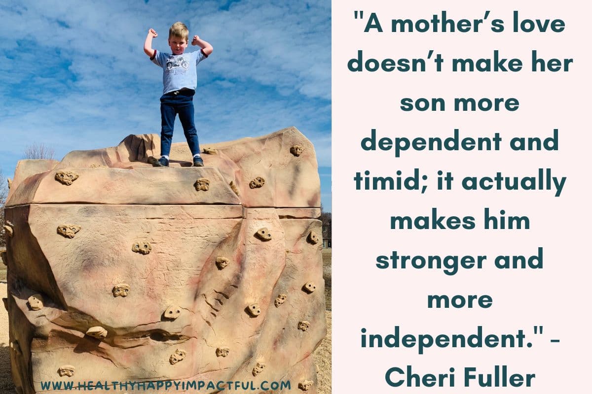 boy standing on top of rock wall flexing muscles;  bond between mother and son quotes; boy mom sayings