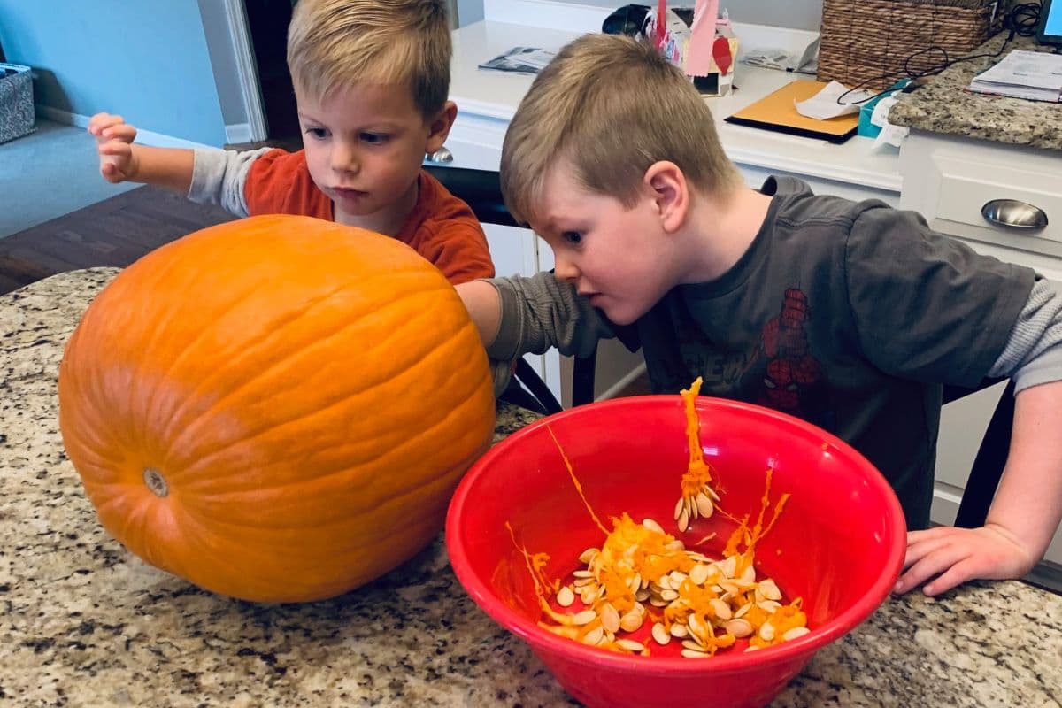 boys carving a pumpkin