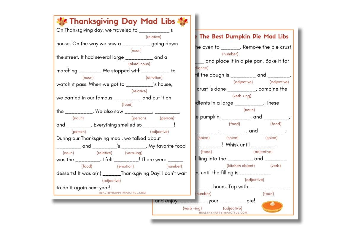 Thanksgiving mad libs for kids; adults; funny; elementary