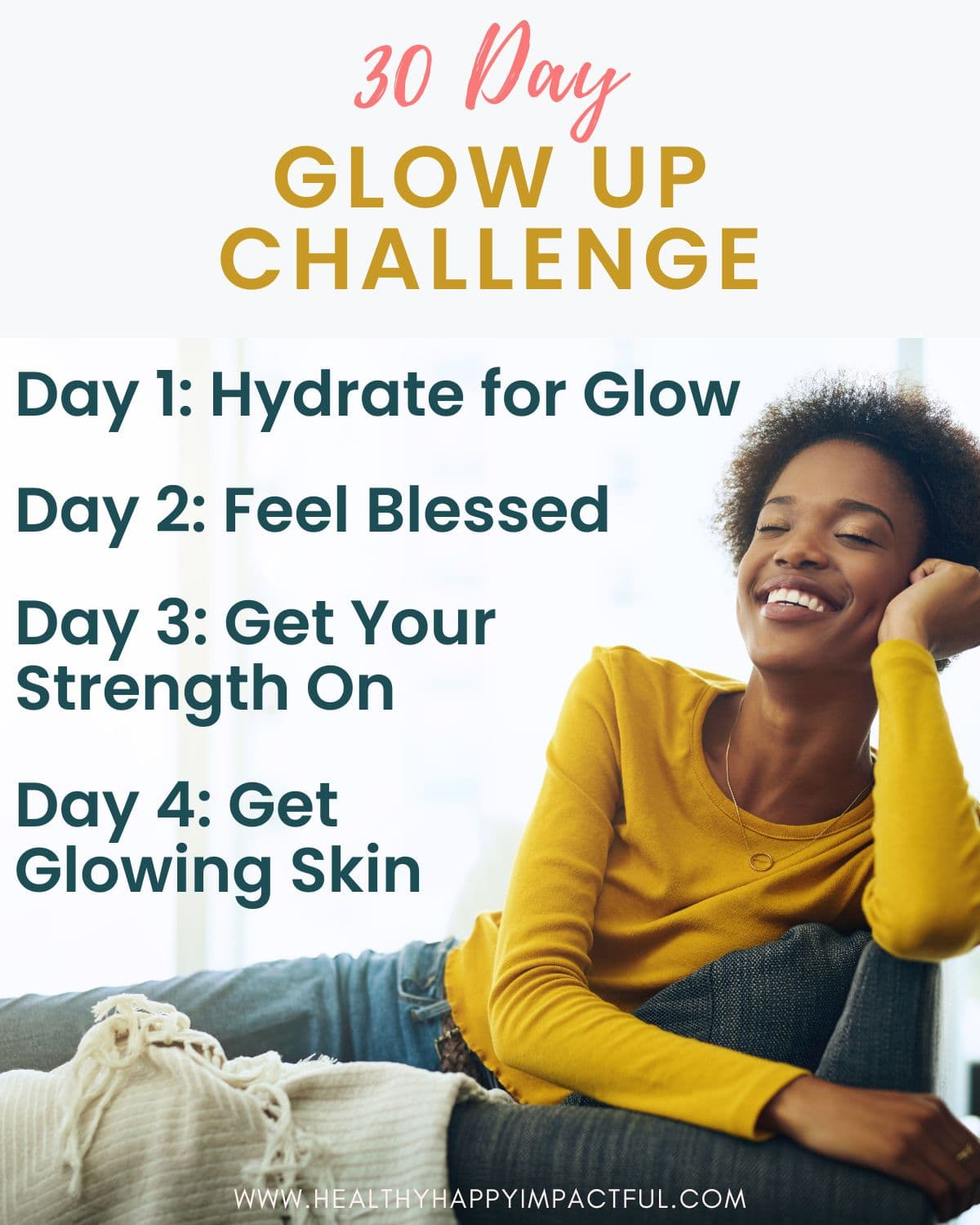 title pin; 30 day glow up challenge list, checklist plan for 1 month tips