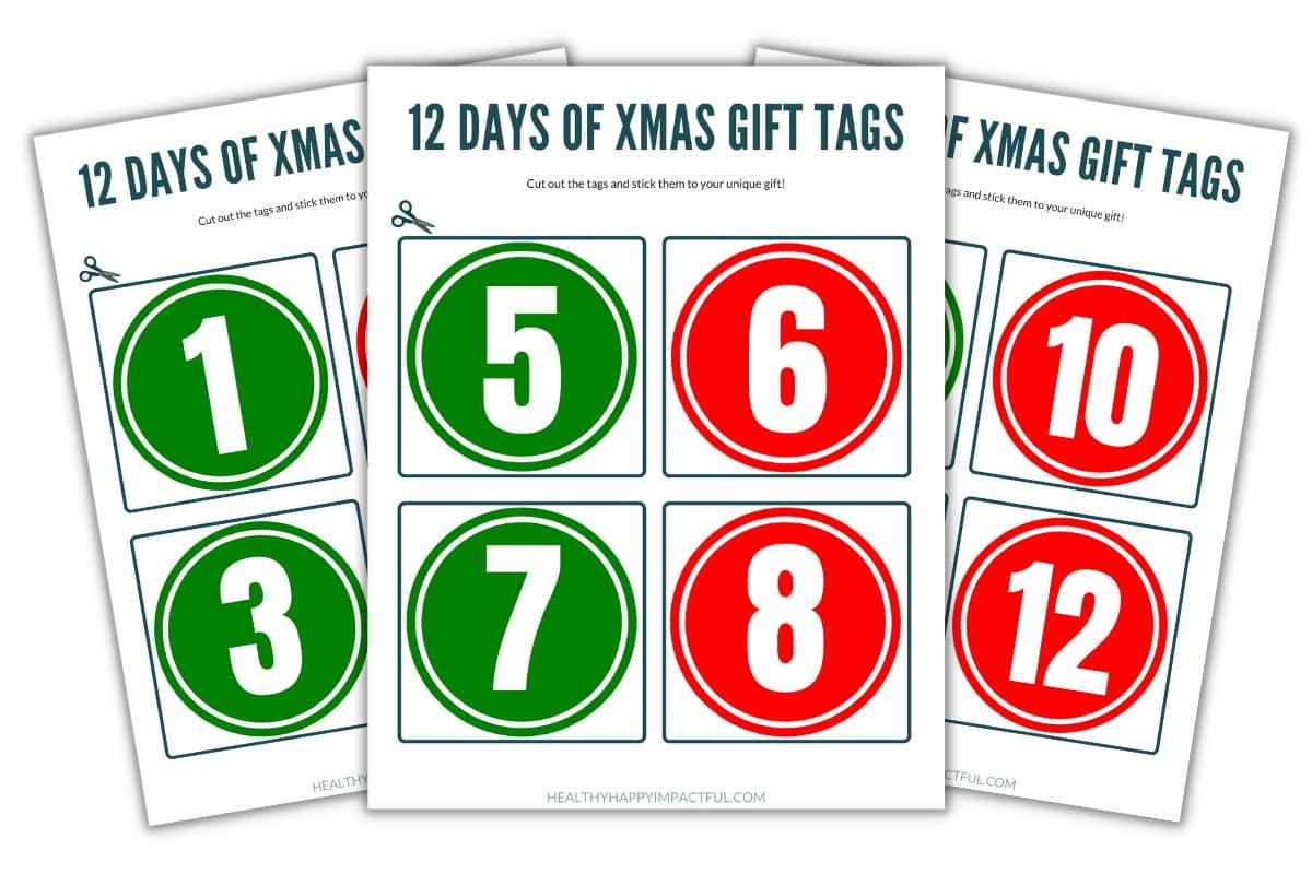 Free printable 12 days of Christmas gift ideas tags for coworker, husband, girlfriend, teacher, neighbors