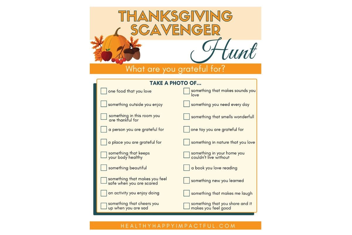 Kids Thanksgiving hunt list ideas pdf; gratitude scavenger hunt printable