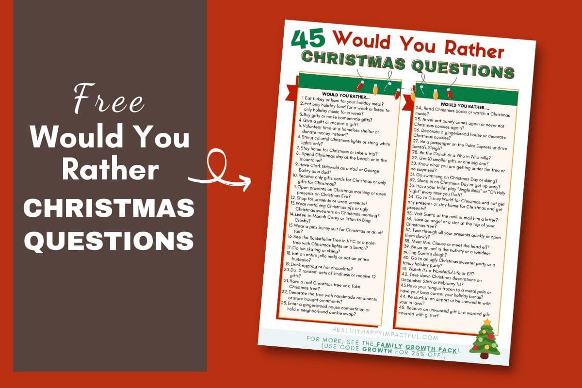 Free printable pdf would you rather Christmas questions