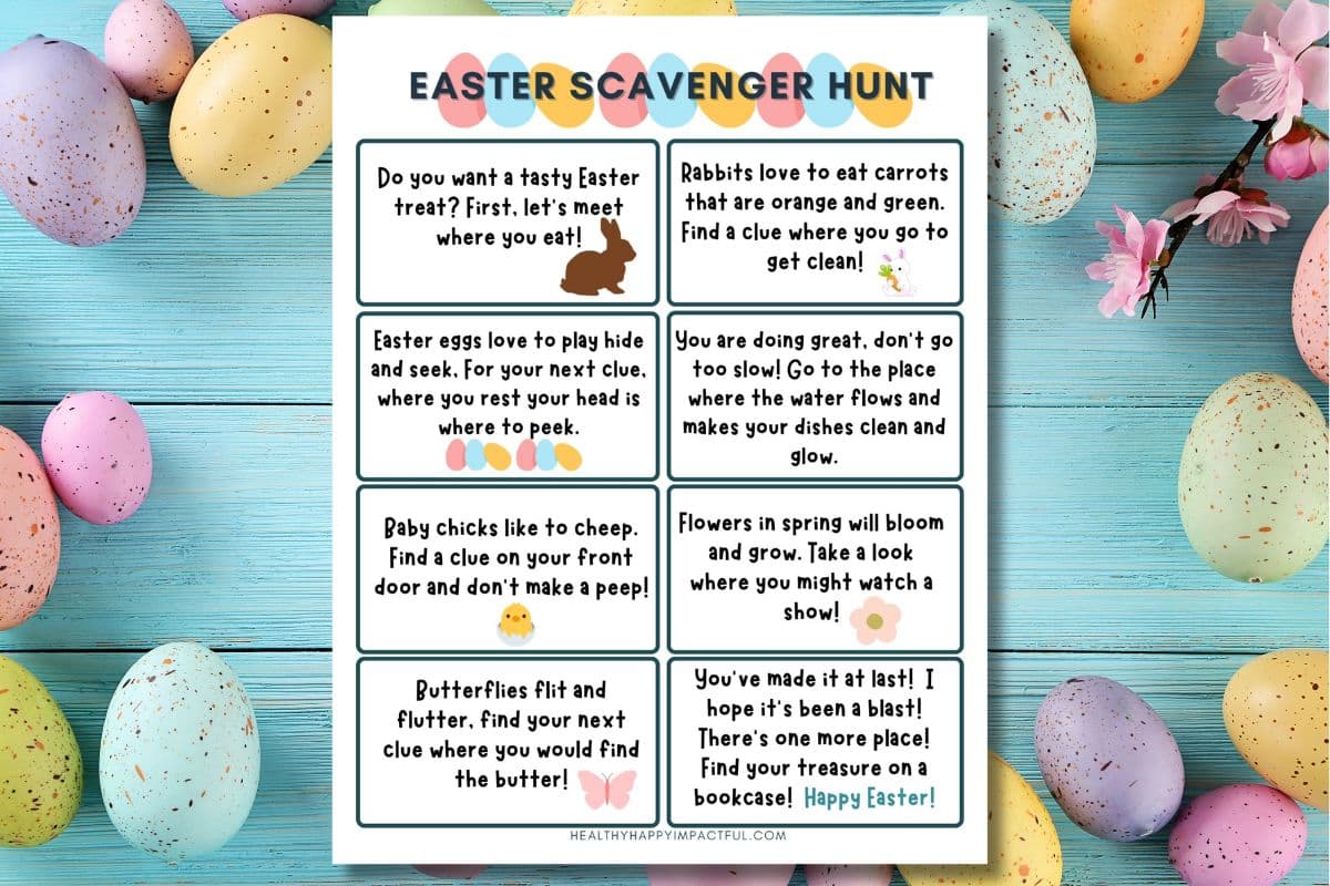 Easter scavenger hunt free printable for kids; ideas; bunny; treasure; indoor