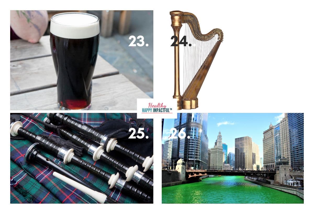 Guinness, harp, bagpipes, Chicago River