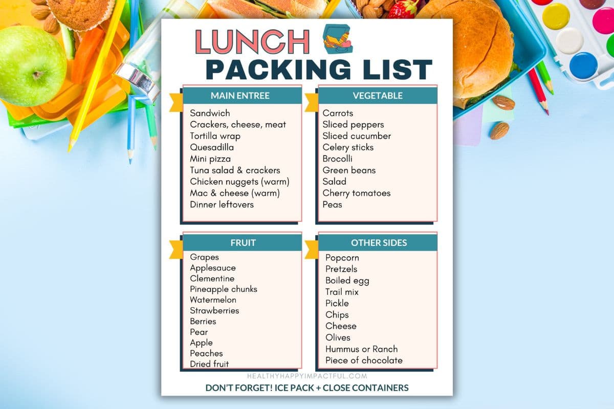 Lunch list of foods to pack free printable for kids