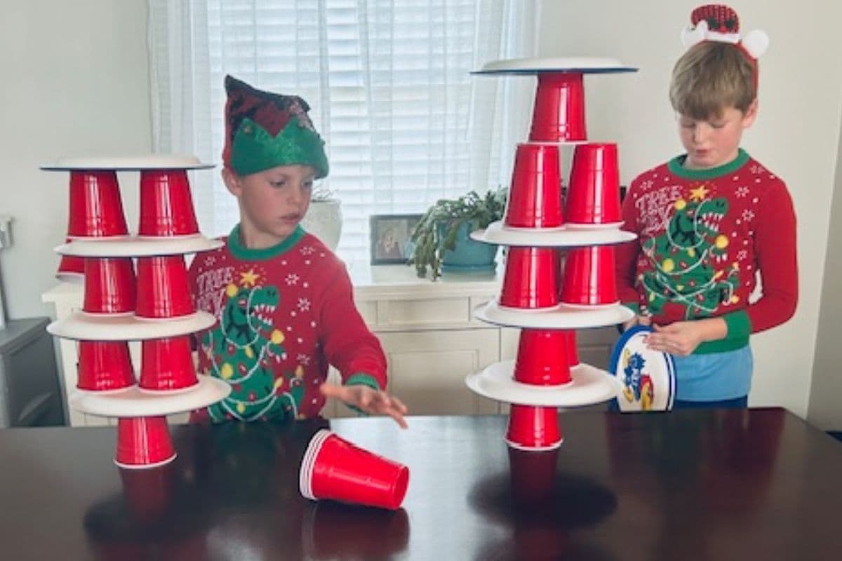 upside down tree stack; christmas minute to win it games for classroom or groups