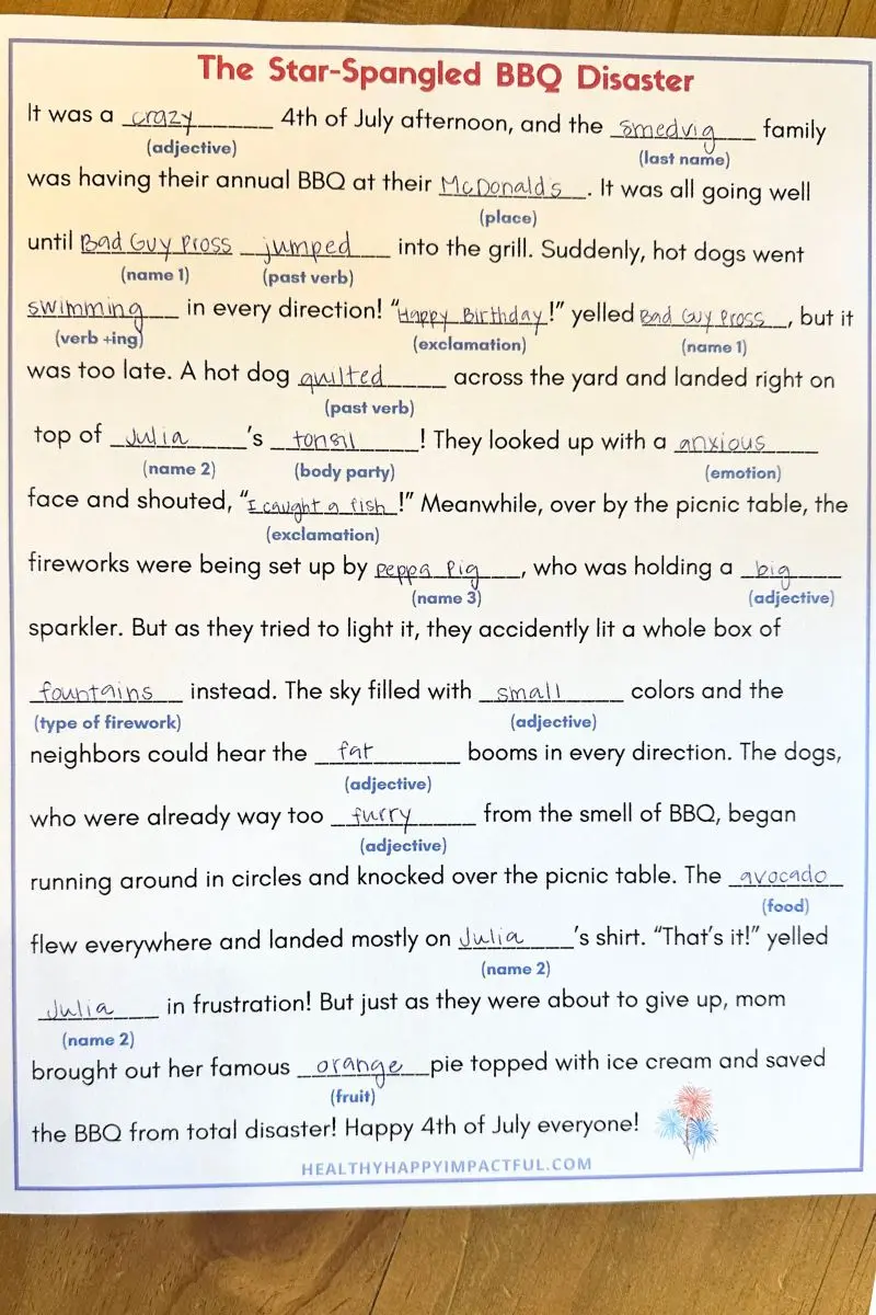 4th of july mad libs example for kids, family