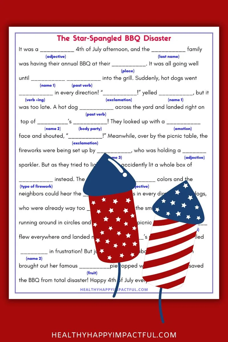 4th of July mad libs for kids; Independence day; funny; activity; free printable