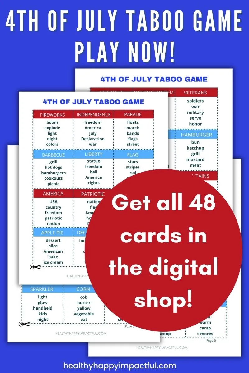 4th of July taboo game cards; rules; family; patriotic printable activity