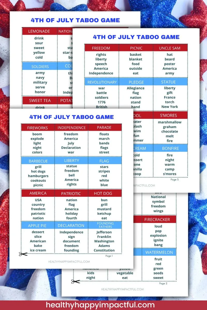 4th of July taboo word game cards