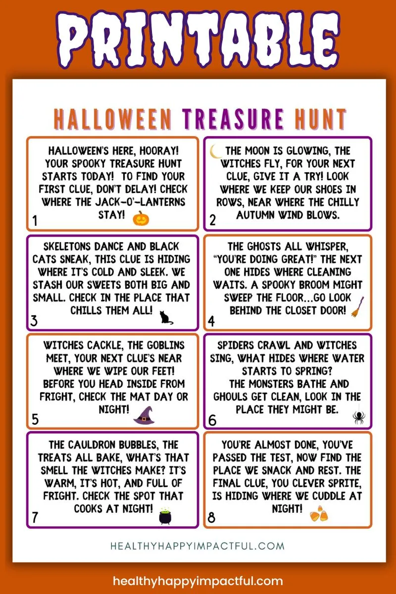 printable Halloween treasure hunt for kids with clues and riddles; scavenger 