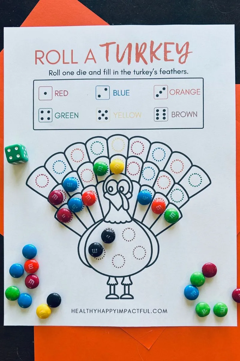 roll a turkey dice game free printable pdf; thanksgiving games; rules