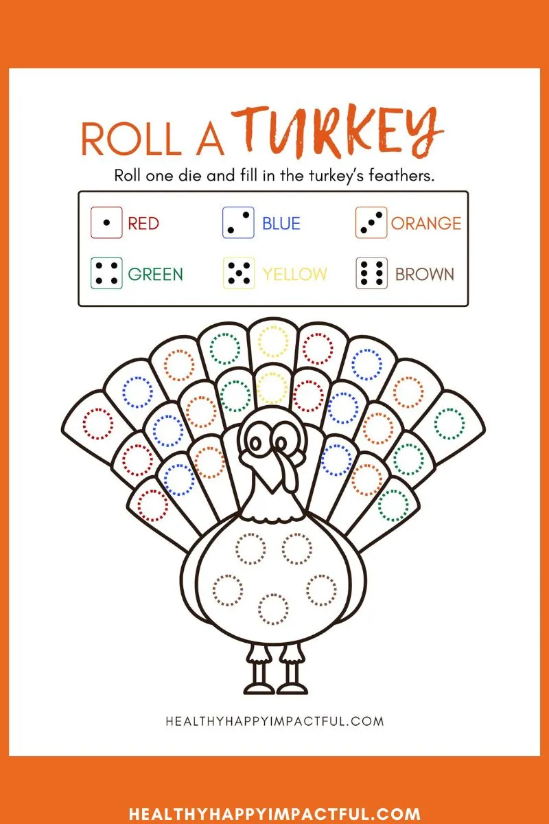 roll a turkey Thanksgiving dice game free printable for kids