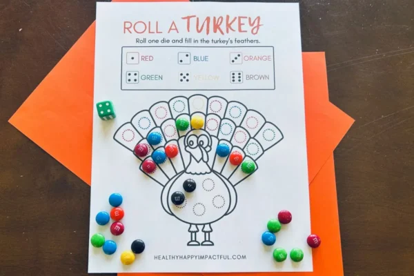 roll a turkey dice game for kids; preschool; thanksgiving activities
