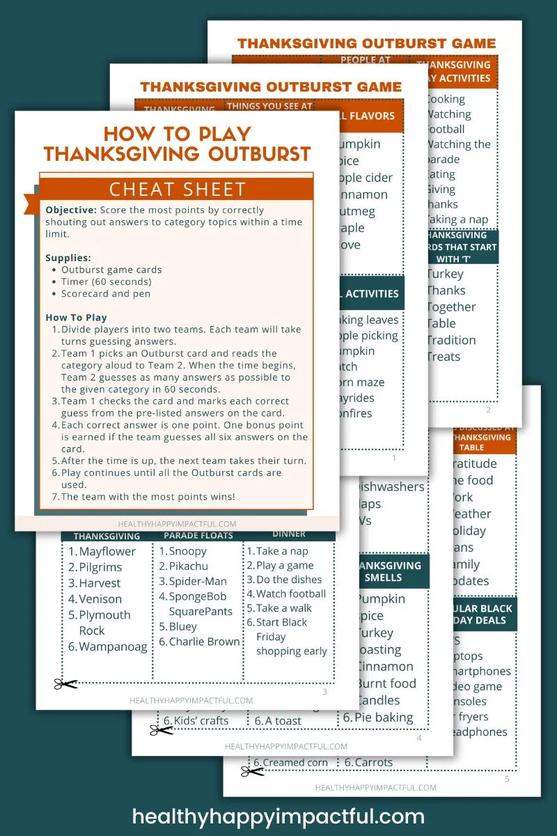 Thanksgiving Outburst game printable cards