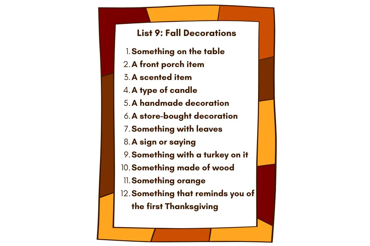 fall decorations word game list