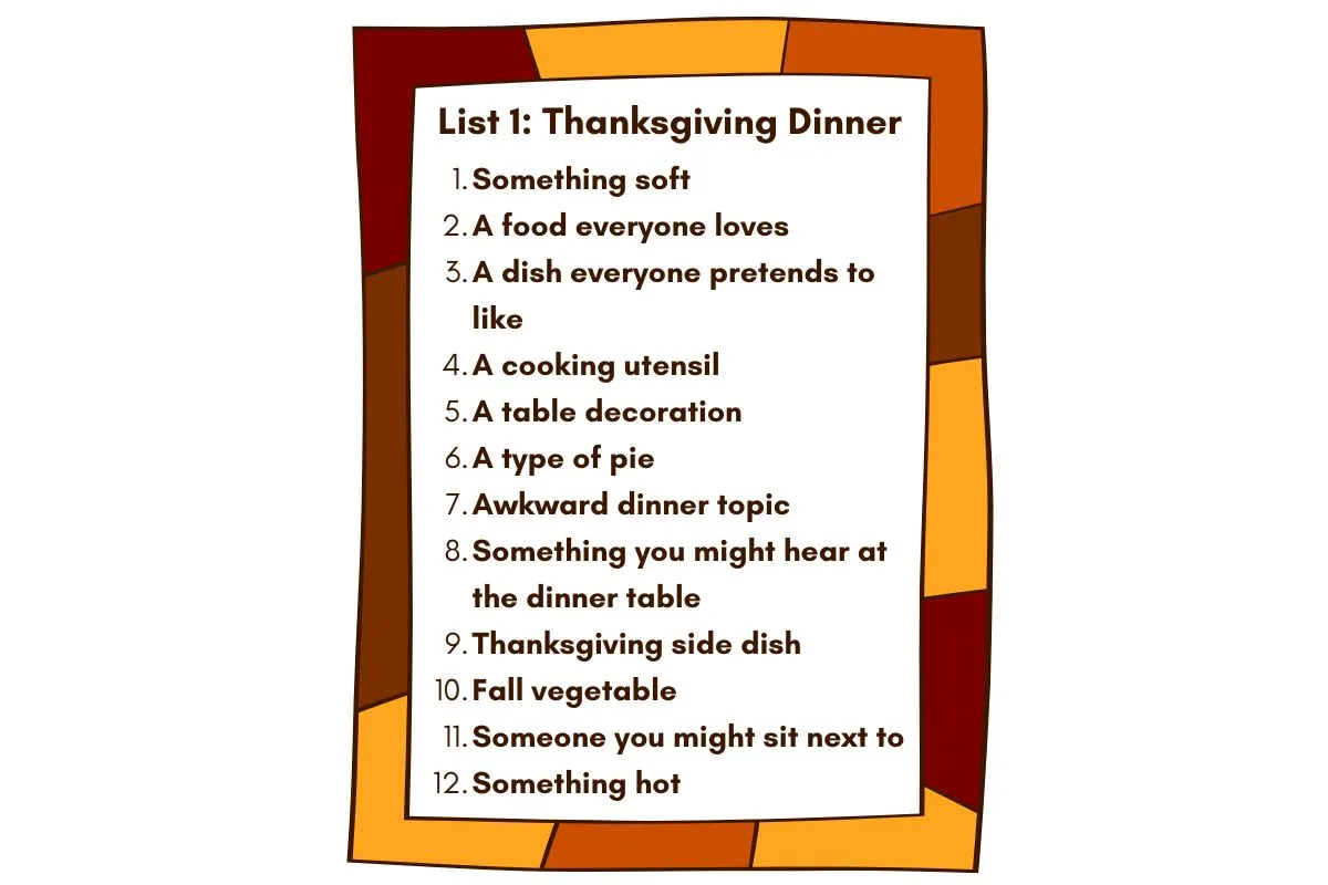 Thanksgiving Scattergories list