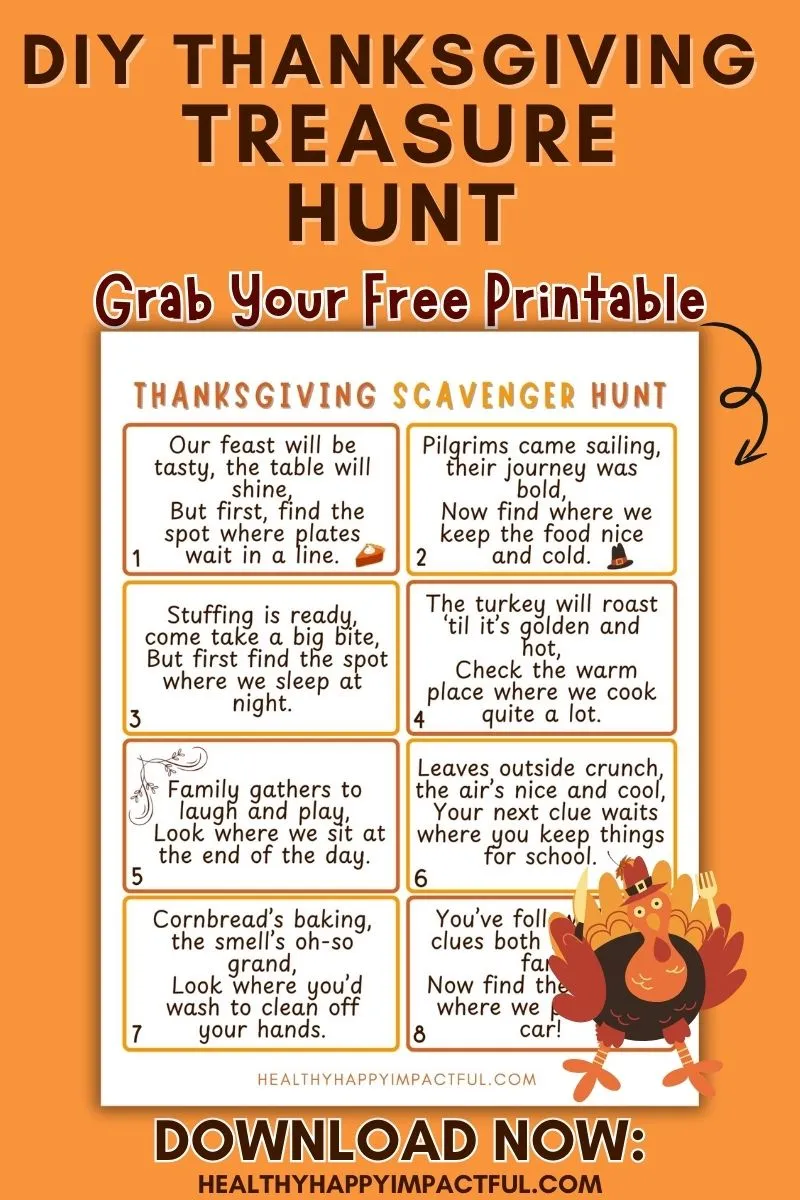 DIY Thanksgiving scavenger hunt free printable for kids with printable clue cards