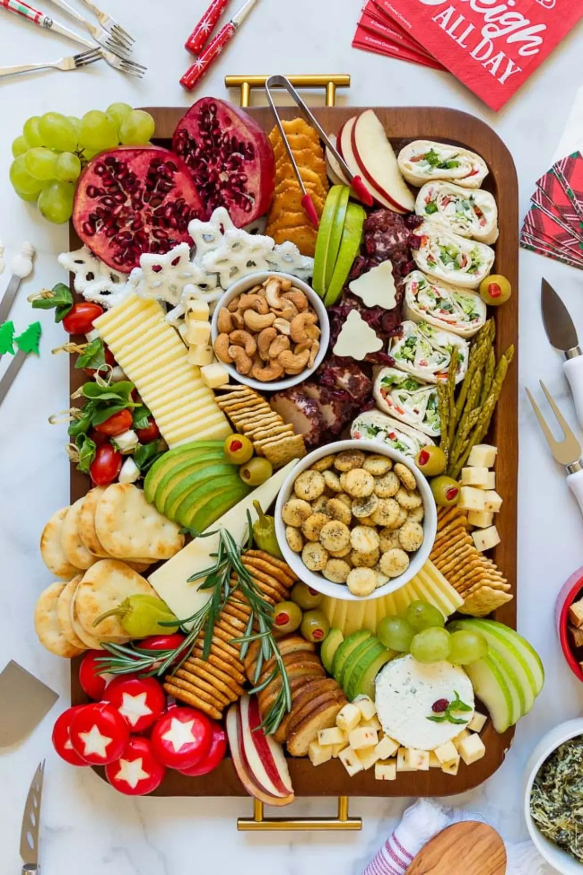 beautiful pinwheel holiday charcuterie board