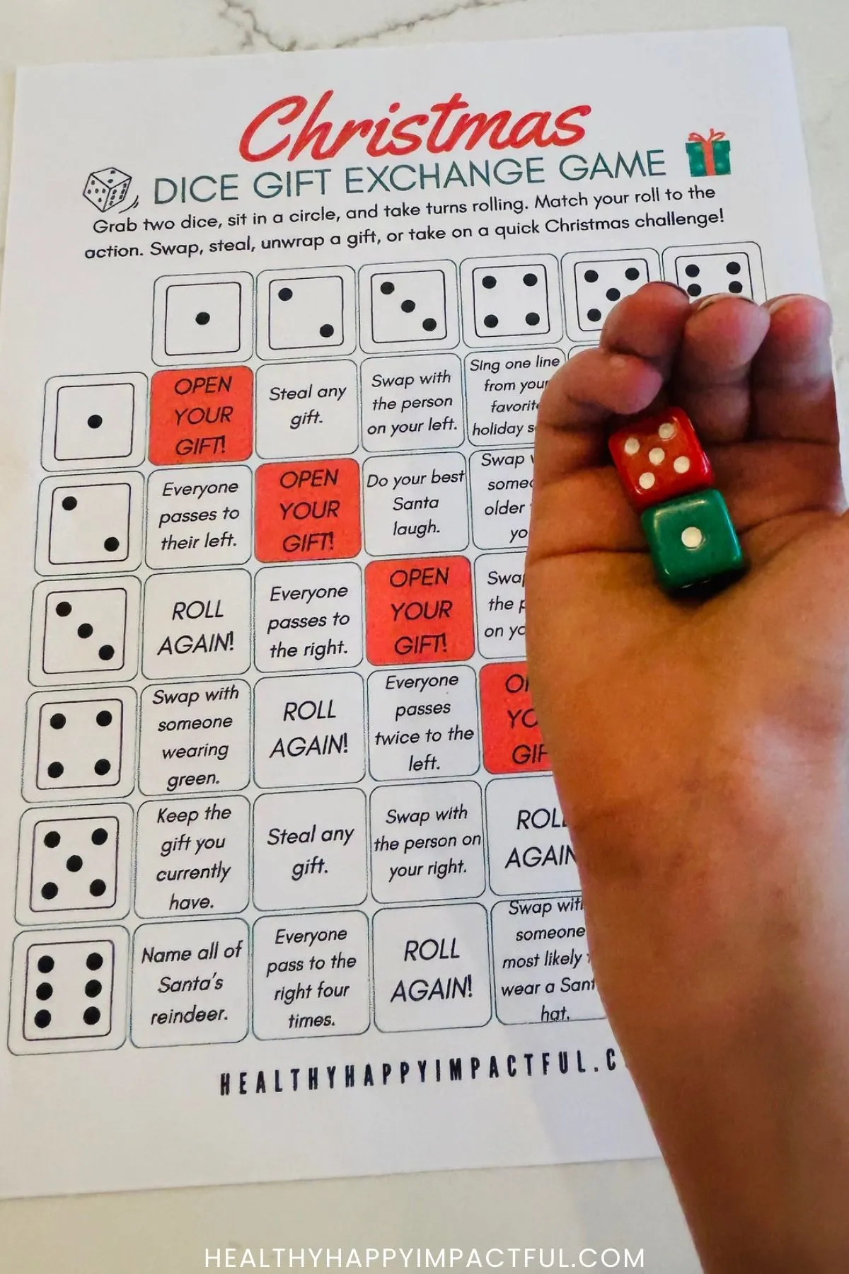 Christmas dice gift exchange game ideas and rules; free printable