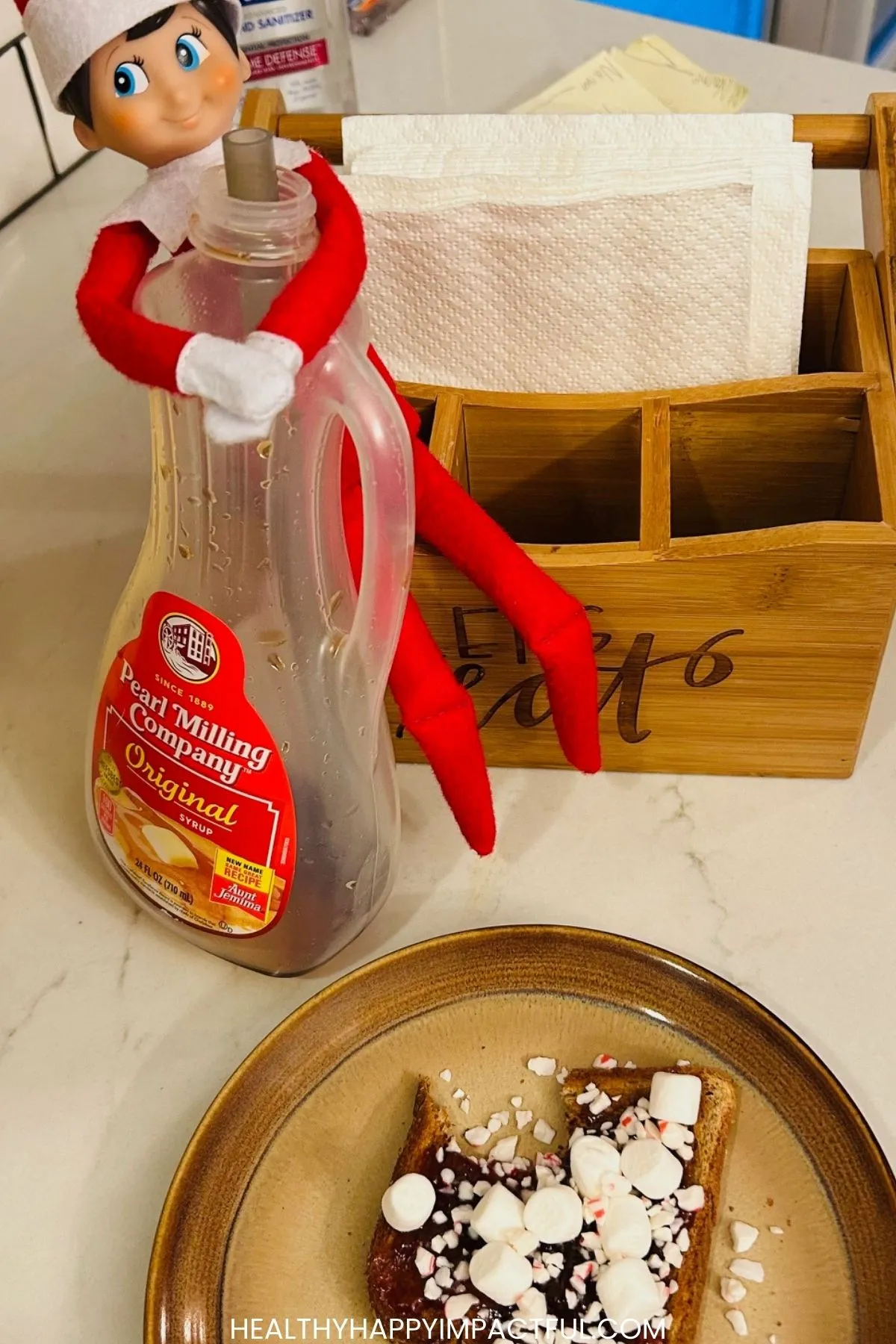 easy elf on the shelf ideas with maple syrup in the kitchen for kids that are funny and cute