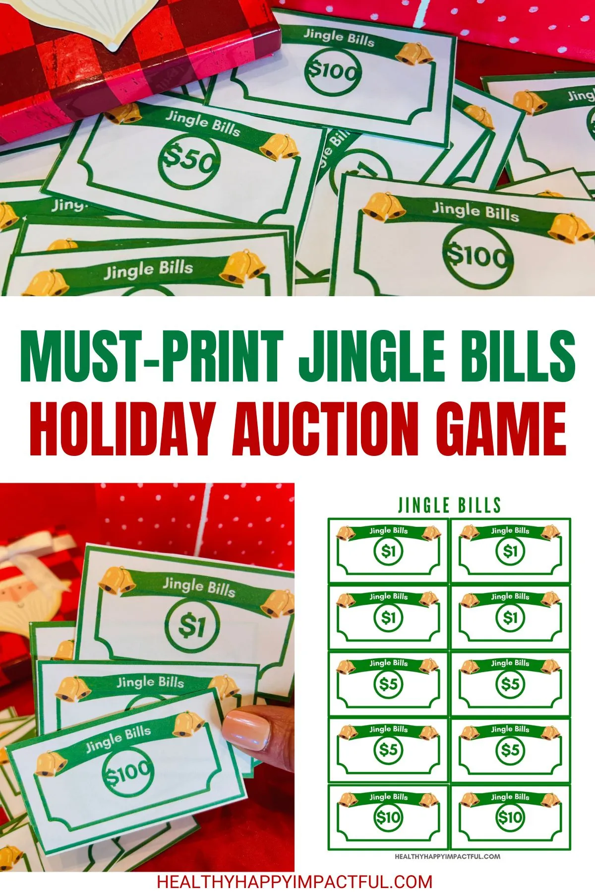 jingle bills; holiday gift exchange auction game for Christmas