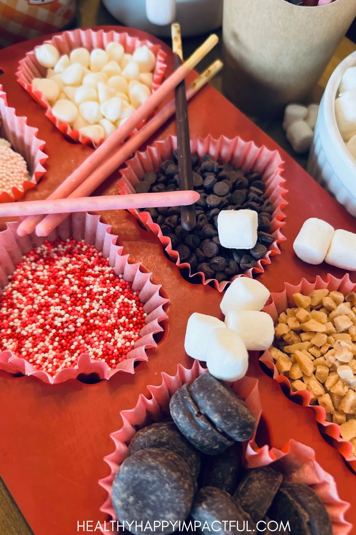Valentine's Day hot chocolate bar toppings and ideas; simple and easy for kids