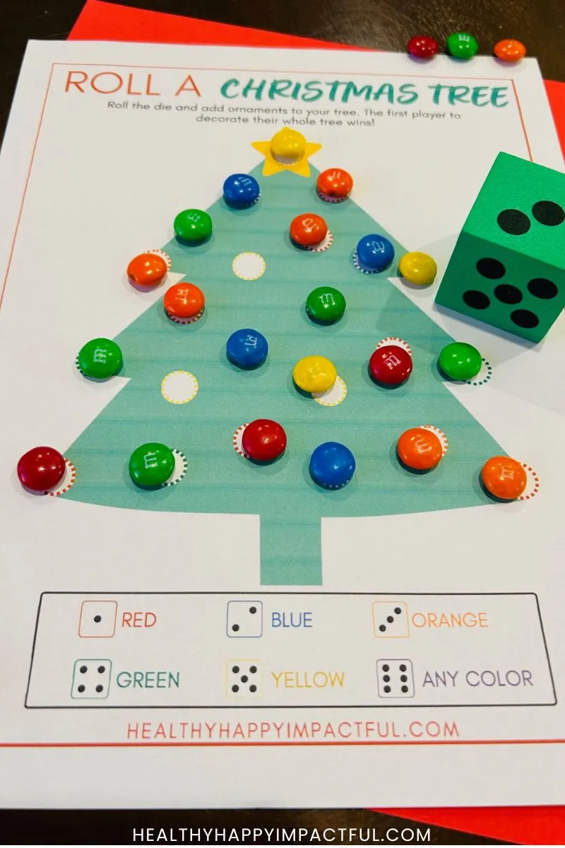 roll a Christmas tree free printable dice game for kids