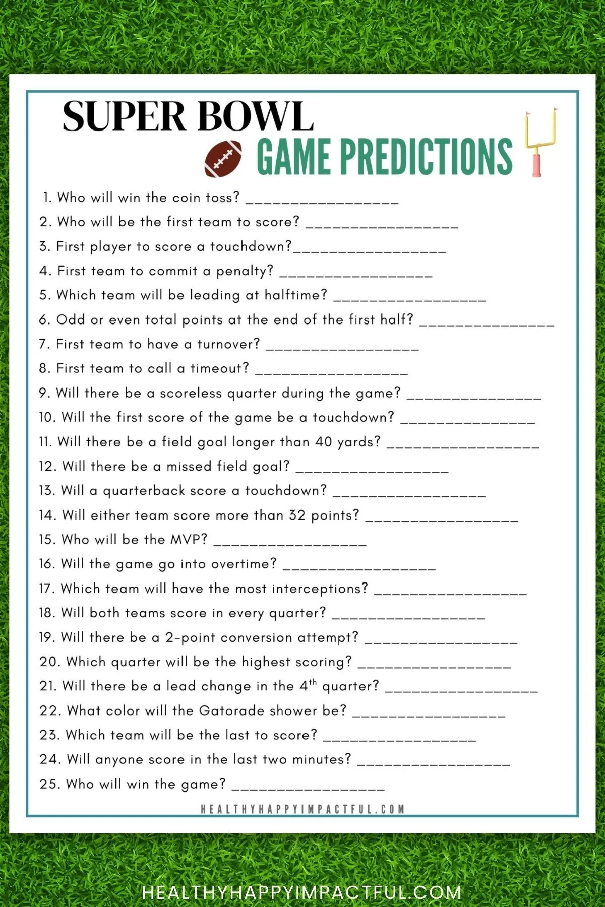 Super Bowl football predictions game free printable guessing