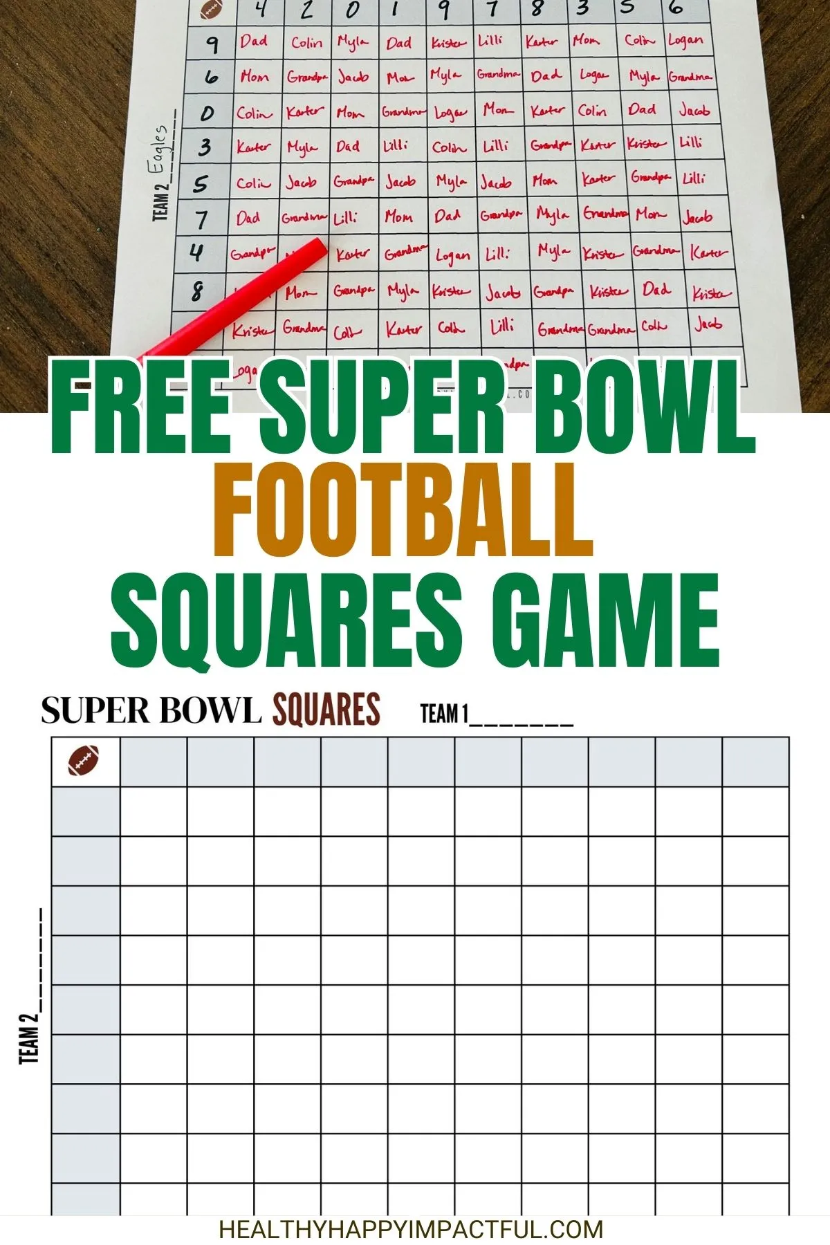 Super Bowl free printable squares board football party games for kids and adults; betting; ideas; template